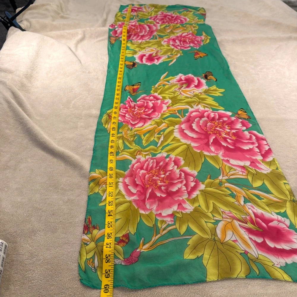 Bold Floral Peony 60x18 Scarf Green Pink Butterfly Boho Coastal‎ Resort Beach